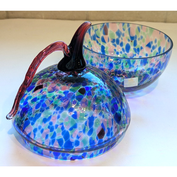 VTG Design Guild Czech Art Glass Candy Dish Apple Shape Iridescent Lid Bowl Rare - Picture 4 of 11